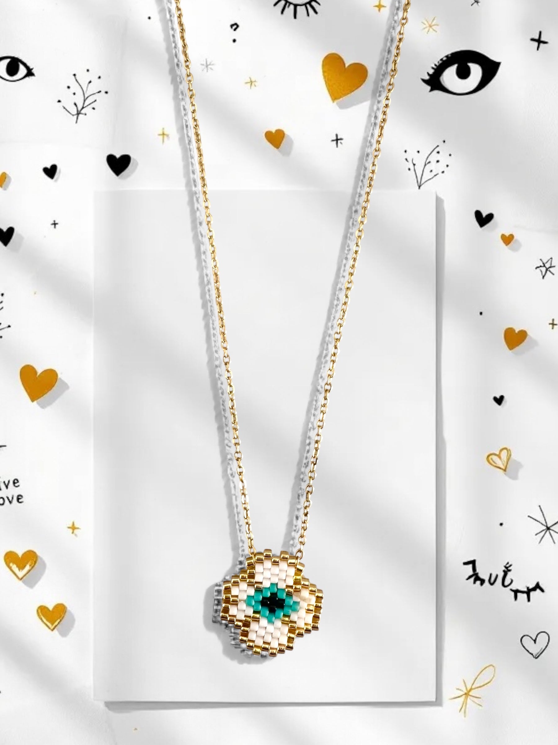 Lucky Clover Eye ατσάλινο κολιέ με τετράφυλλο τριφύλλι και μάτι από χάντρες Miyuki – Χονδρική So Cute by Dimi