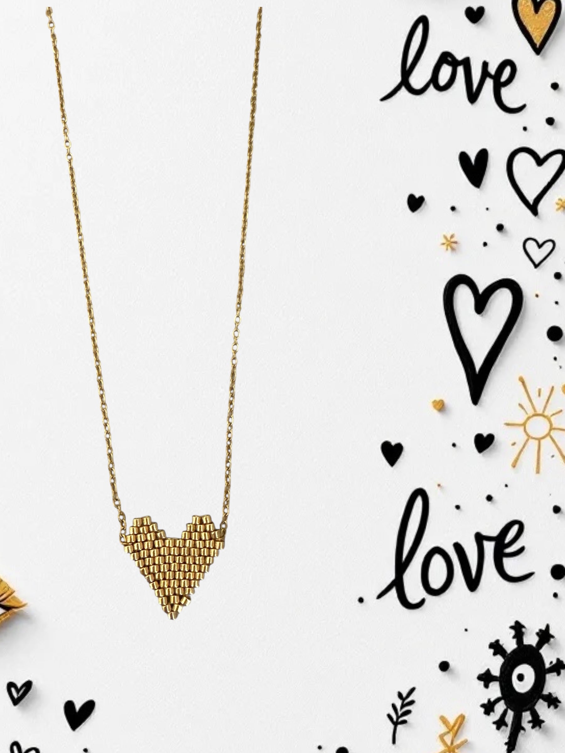 Golden Heart ατσάλινο κολιέ Miyuki με χρυσή καρδιά – Χονδρική So Cute by Dimi