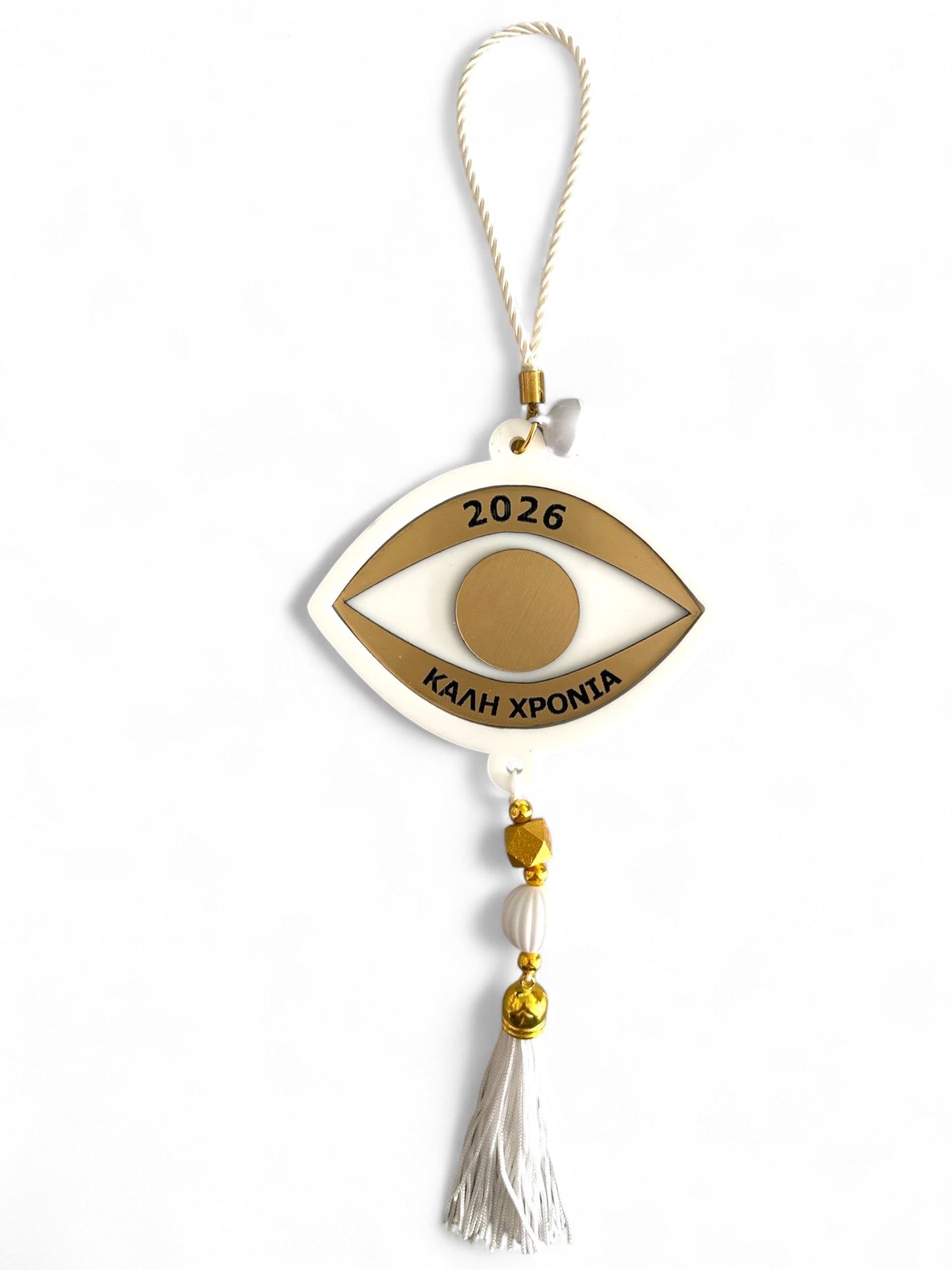 Γούρι μάτι 2026 από plexiglass λευκό & χρυσό με φούντα – Συλλογή Symbolic Luxe – Χονδρική So Cute by Dimi