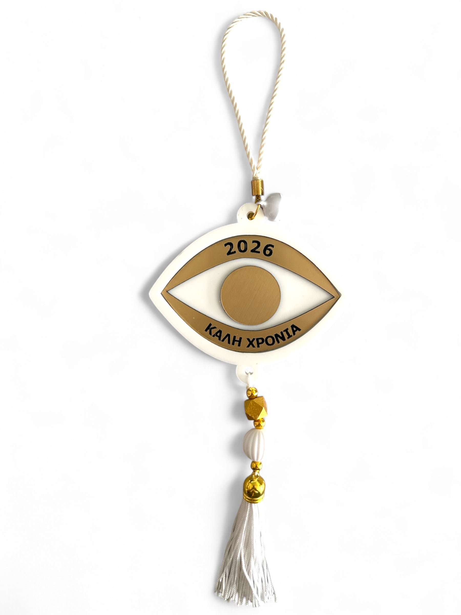 Γούρι μάτι 2026 από plexiglass λευκό & χρυσό με φούντα – Συλλογή Symbolic Luxe – Χονδρική So Cute by Dimi
