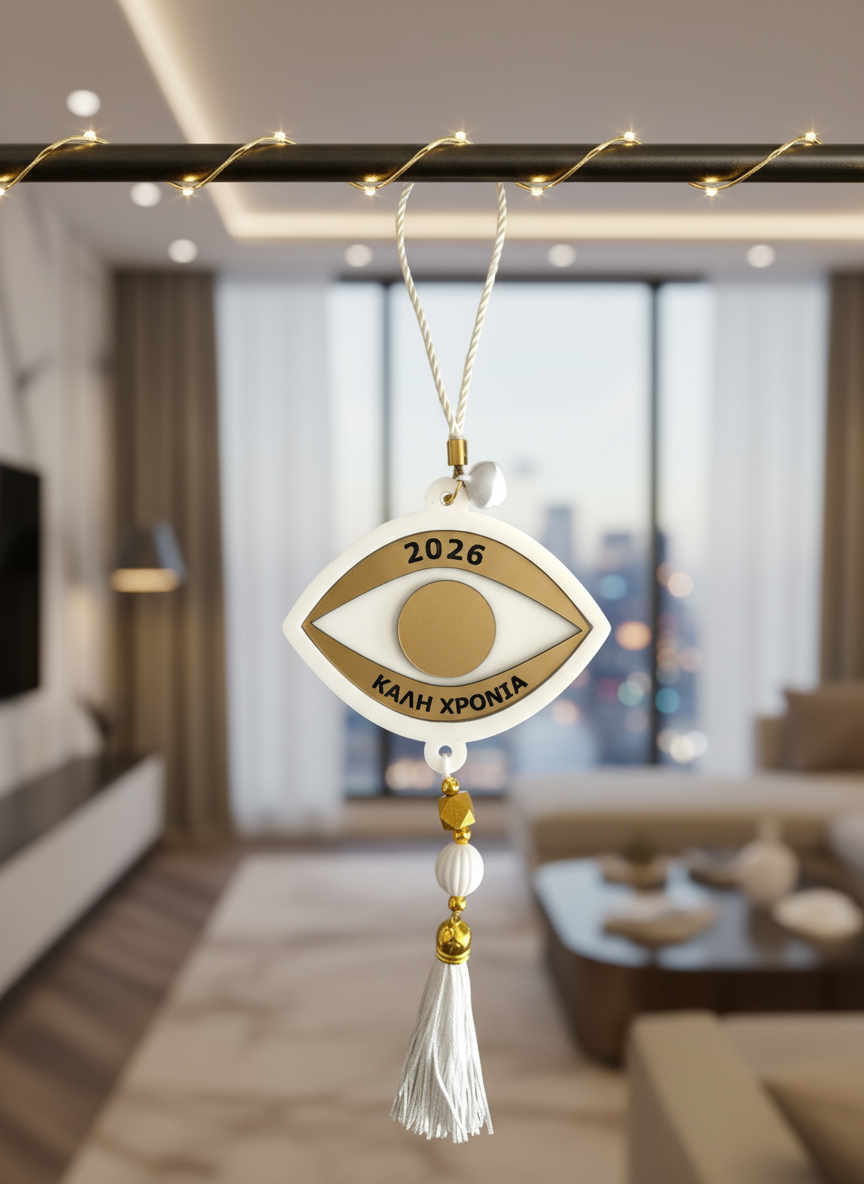 Γούρι μάτι 2026 από plexiglass λευκό & χρυσό με φούντα – Συλλογή Symbolic Luxe – Χονδρική So Cute by Dimi