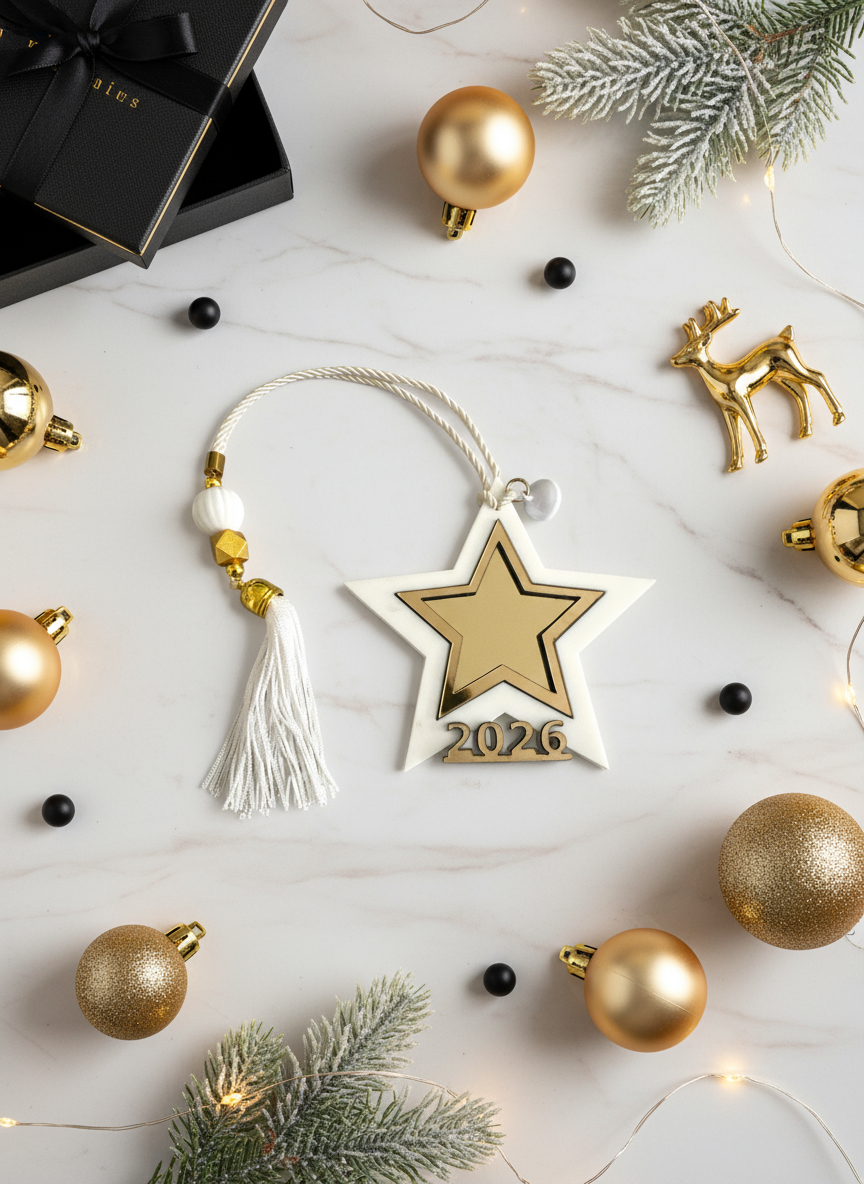 Χονδρικό γούρι αστέρι 2026 σε λευκό–χρυσό plexiglass με φούντα – Συλλογή Symbolic Luxe – So Cute by Dimi