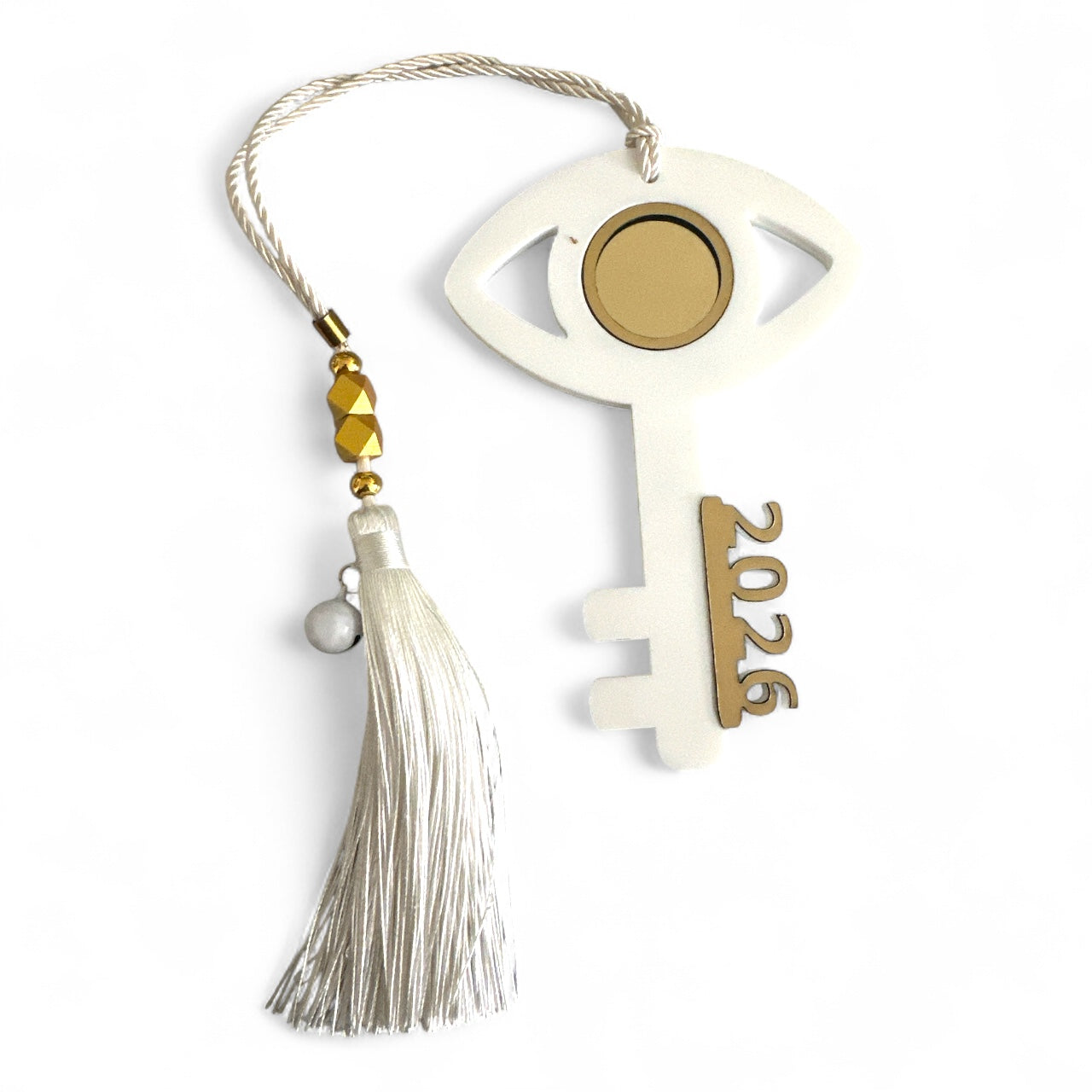 Χονδρικό γούρι 2026 Κλειδί με Μάτι Plexiglass ματ & χρυσός καθρέφτης με κορδόνι, χάντρες & φούντα – Symbolic Luxe από So Cute by Dimi