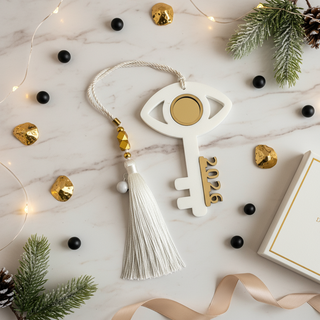 Χονδρικό γούρι 2026 Κλειδί με Μάτι Plexiglass ματ & χρυσός καθρέφτης με κορδόνι, χάντρες & φούντα – Symbolic Luxe από So Cute by Dimi