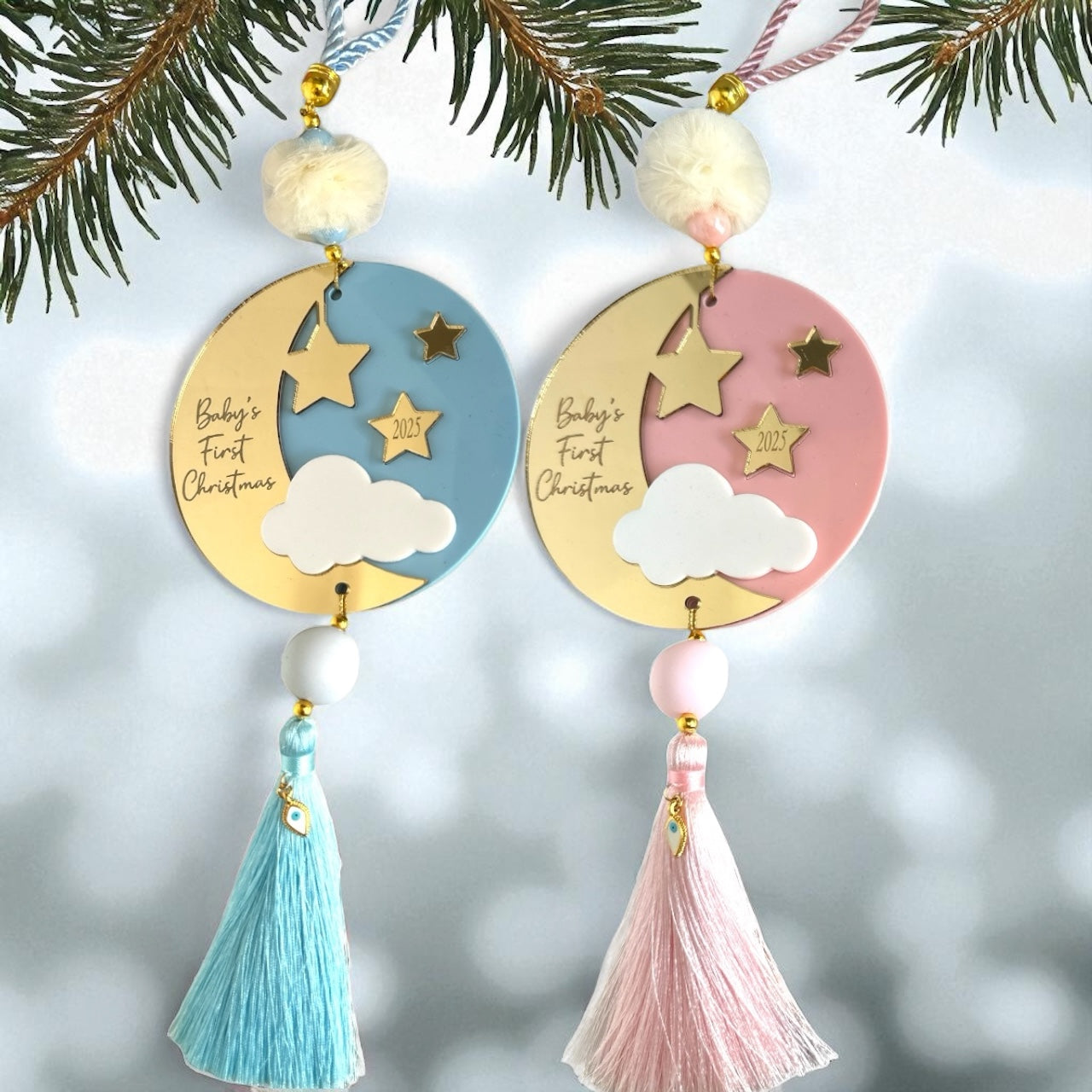 Χονδρικό γούρι Baby’s First Christmas plexiglass ροζ & γαλάζιο με φούντα – So Cute by Dimi