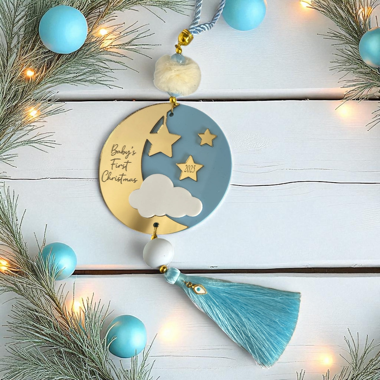 Χονδρικό γούρι Baby’s First Christmas plexiglass γαλάζιο με φούντα – So Cute by Dimi