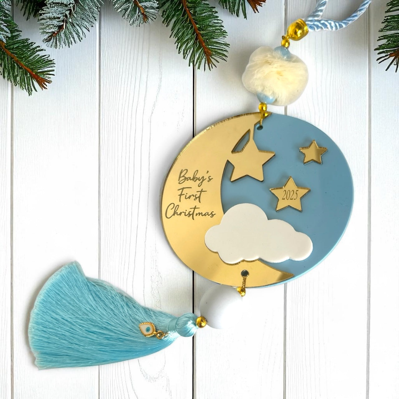 Χονδρικό γούρι Baby’s First Christmas plexiglass γαλάζιο με φούντα – So Cute by Dimi