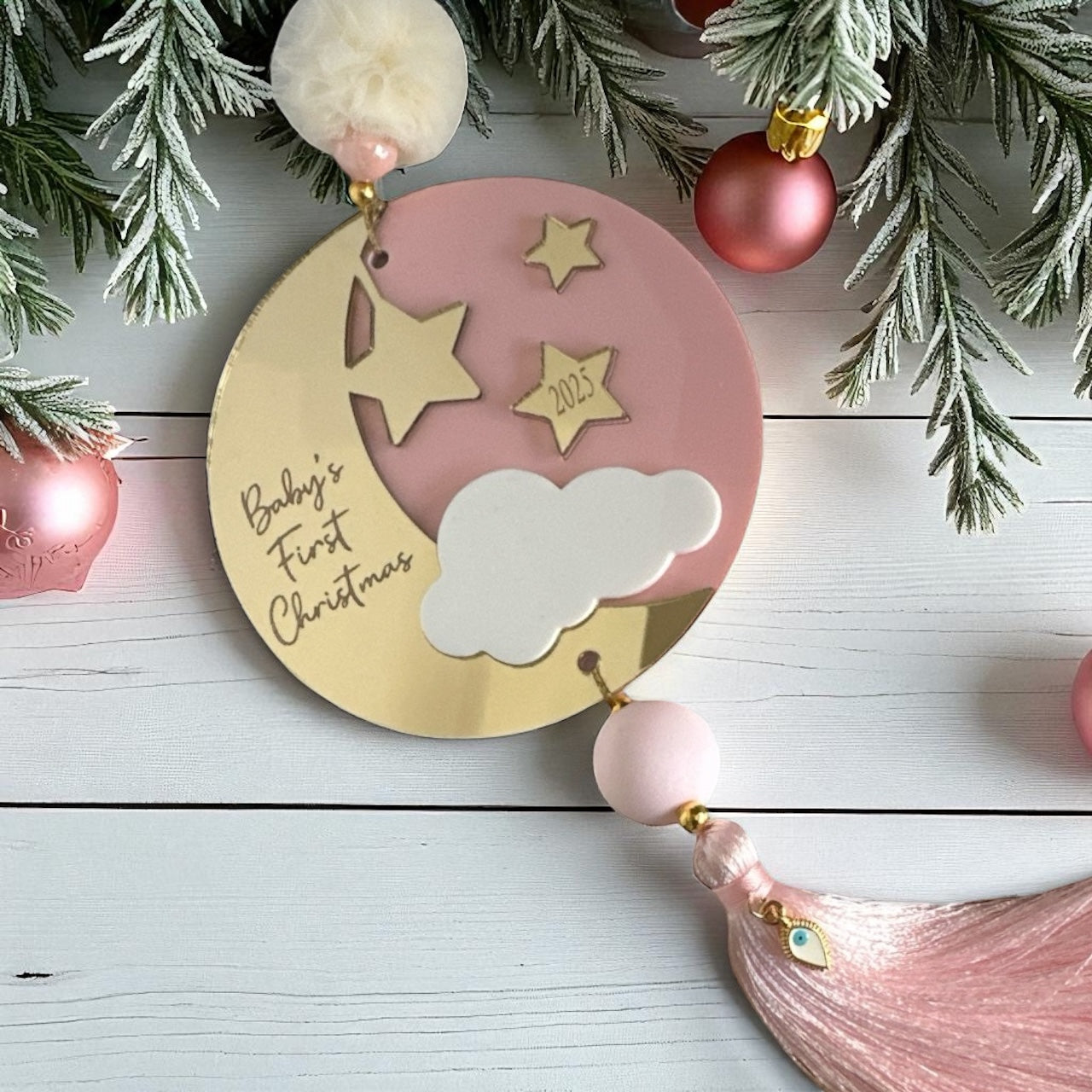 Χονδρικό γούρι Baby’s First Christmas plexiglass ροζ με φούντα – So Cute by Dimi
