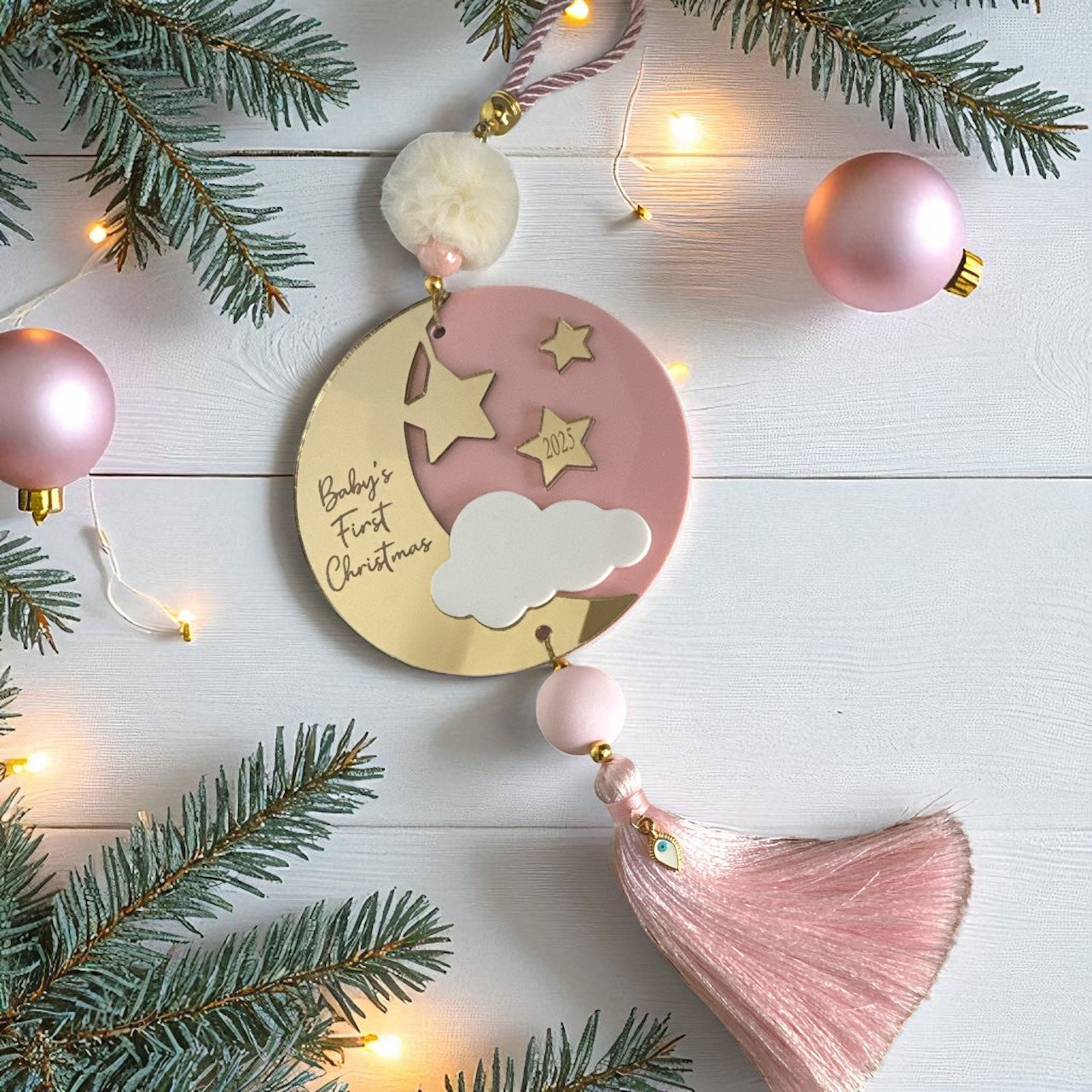 Χονδρικό γούρι Baby’s First Christmas plexiglass ροζ με φούντα – So Cute by Dimi