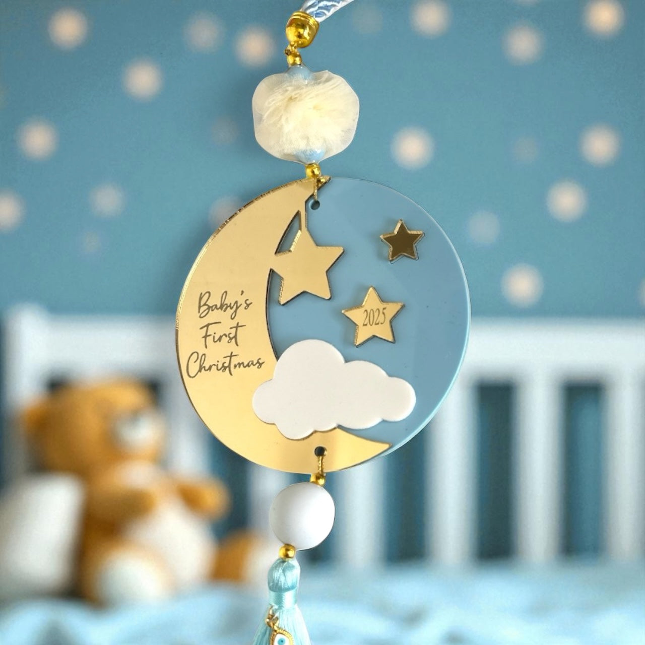 Χονδρικό γούρι Baby’s First Christmas plexiglass  γαλάζιο με φούντα – So Cute by Dimi