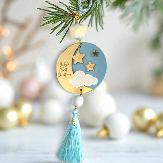 Χονδρικό γούρι Baby’s First Christmas plexiglass γαλάζιο με φούντα – So Cute by Dimi