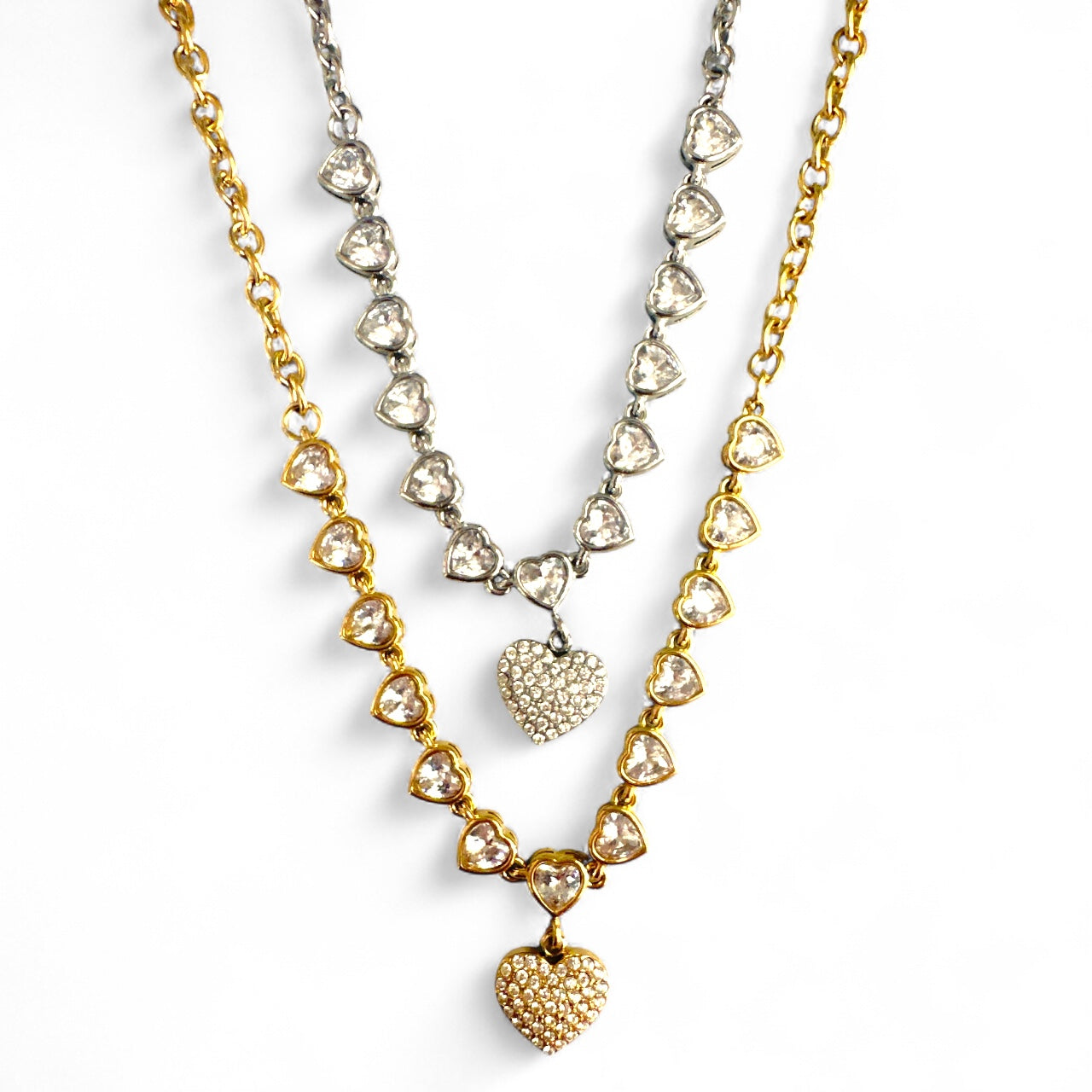Ατσάλινο κολιέ Heart Glow με ζιργκόν καρδιές σε χρυσό και ασημί – Χονδρική So Cute by Dimi