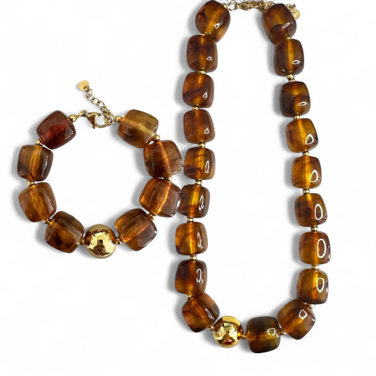 Χονδρική κολιέ & βραχιολι με τετραγωνισμένες χάντρες & χρυσή στρογγυλή λεπτομέρεια – So Cute by Dimi