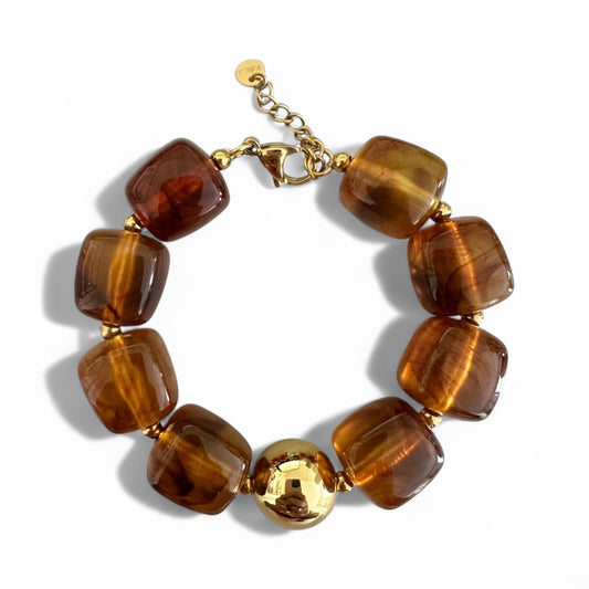 Ατσάλινο Βραχιόλι με τετραγωνισμένες ταρταρούγα χάντρες & χρυσή λεπτομέρεια – Χονδρική So Cute by Dimi