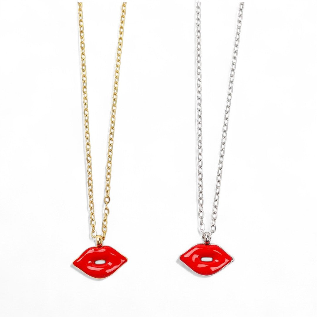 ⚡🚚 Red Lips – Ατσάλινο Κολιέ με Enamel Στοιχείο