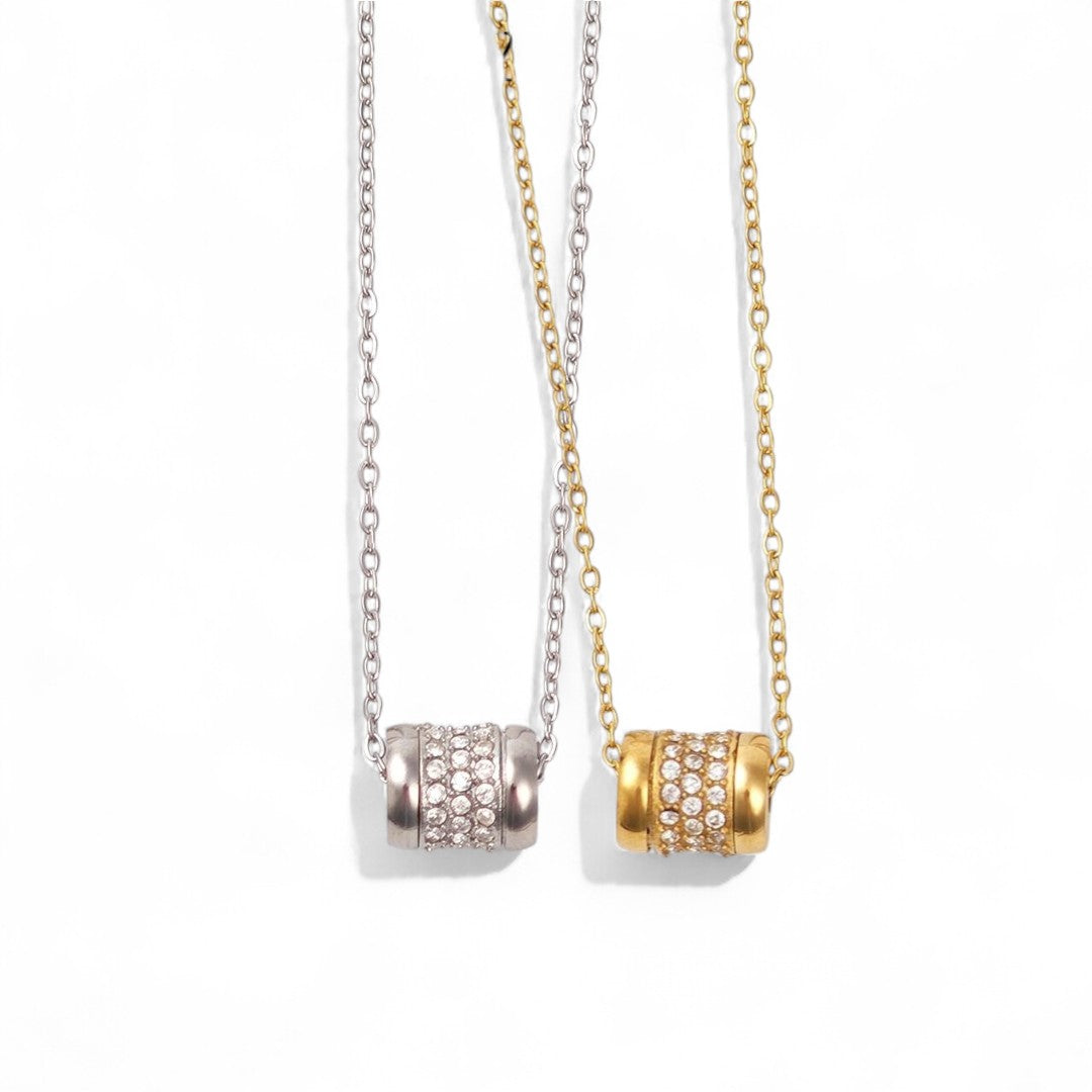 Κολιέ από ανοξείδωτο ατσάλι με κυλινδρικό μοτίφ και ζιργκόν σε χρυσό και ασημί – So Cute Wholesale