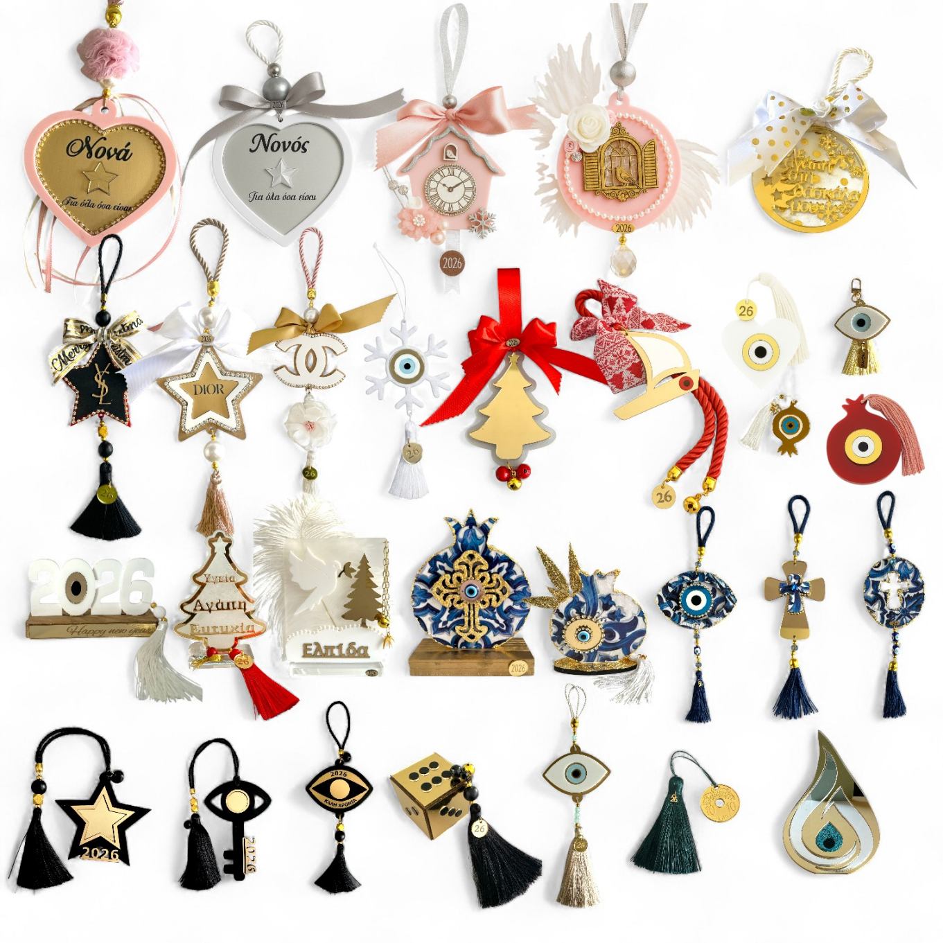 Πακέτο χονδρικής με 30 γούρια 2026 So Cute by Dimi – ξύλο, plexiglass, μάτι, ρόδι, αστέρι, έλατο