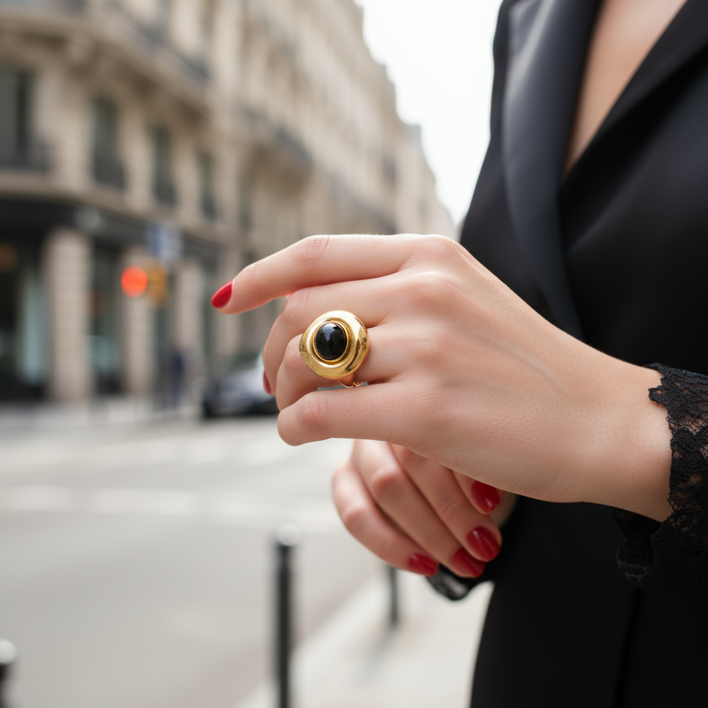 Ατσάλινο δαχτυλίδι Sculpted Stone σε χρυσό φινίρισμα με μαύρη, πέτρα — So Cute by Dimi Wholesale