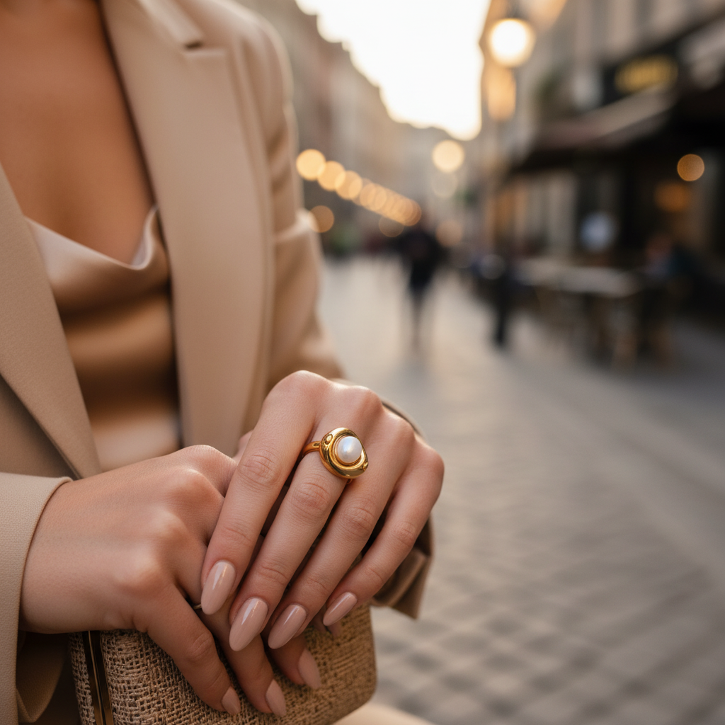 Ατσάλινο δαχτυλίδι Sculpted Stone σε χρυσό φινίρισμα με λευκή πέτρα — So Cute by Dimi Wholesale