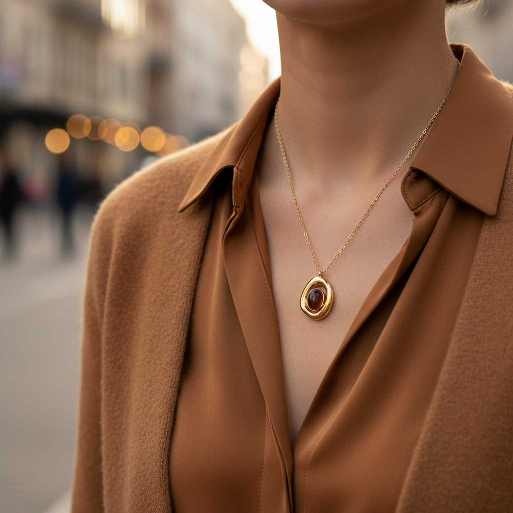 Ατσάλινο κολιέ Molten Oval με χρυσό φινίρισμα και πέτρα στο κέντρο — So Cute by Dimi Wholesale