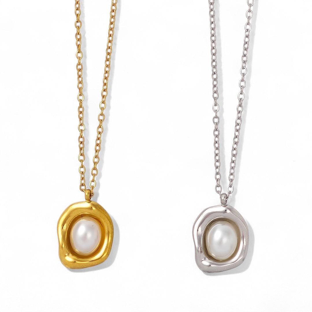 ⚡🚚 Κολιέ Pearl Melt – Ατσάλινο με Ακανόνιστο Πλαίσιο