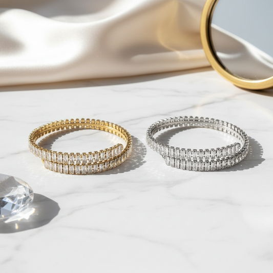 Wholesale Radiant Rows Bracelet – stainless steel double row baguette zircon, gold and silver