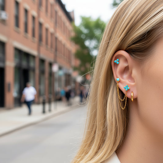 Σετ σκουλαρίκια με τυρκουάζ πέτρες και αλυσίδα – Turquoise Chain Earcuff Set – So Cute by Dimi