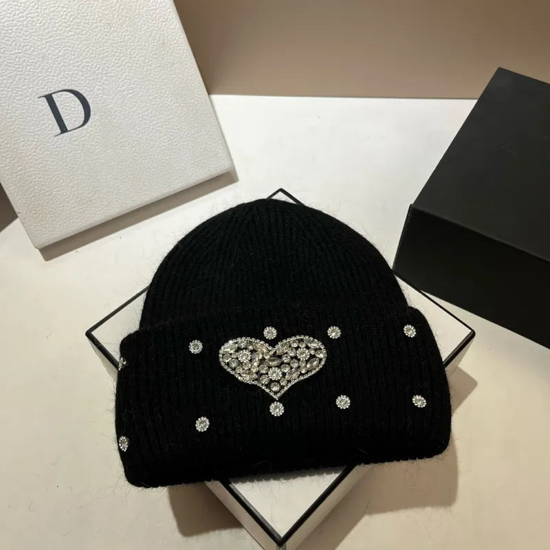 Women's Cute Preppy Style Sweet Heart Shape Rhinestone Eaveless Wool Cap
