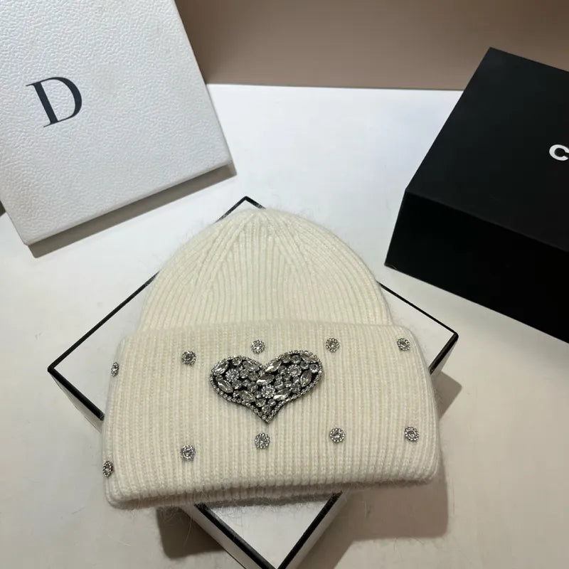 Women's Cute Preppy Style Sweet Heart Shape Rhinestone Eaveless Wool Cap