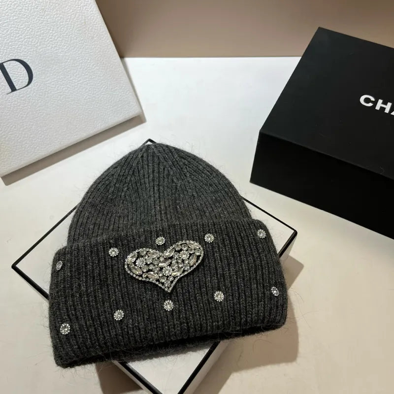 Women's Cute Preppy Style Sweet Heart Shape Rhinestone Eaveless Wool Cap