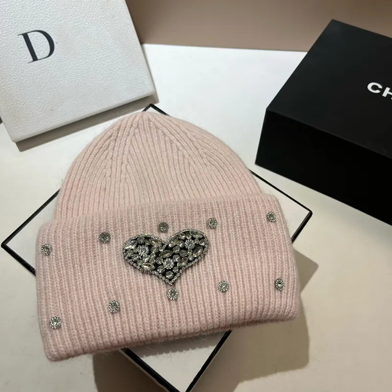 Women's Cute Preppy Style Sweet Heart Shape Rhinestone Eaveless Wool Cap