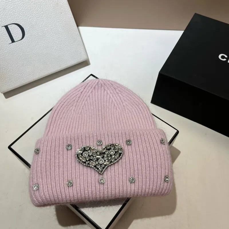 Women's Cute Preppy Style Sweet Heart Shape Rhinestone Eaveless Wool Cap