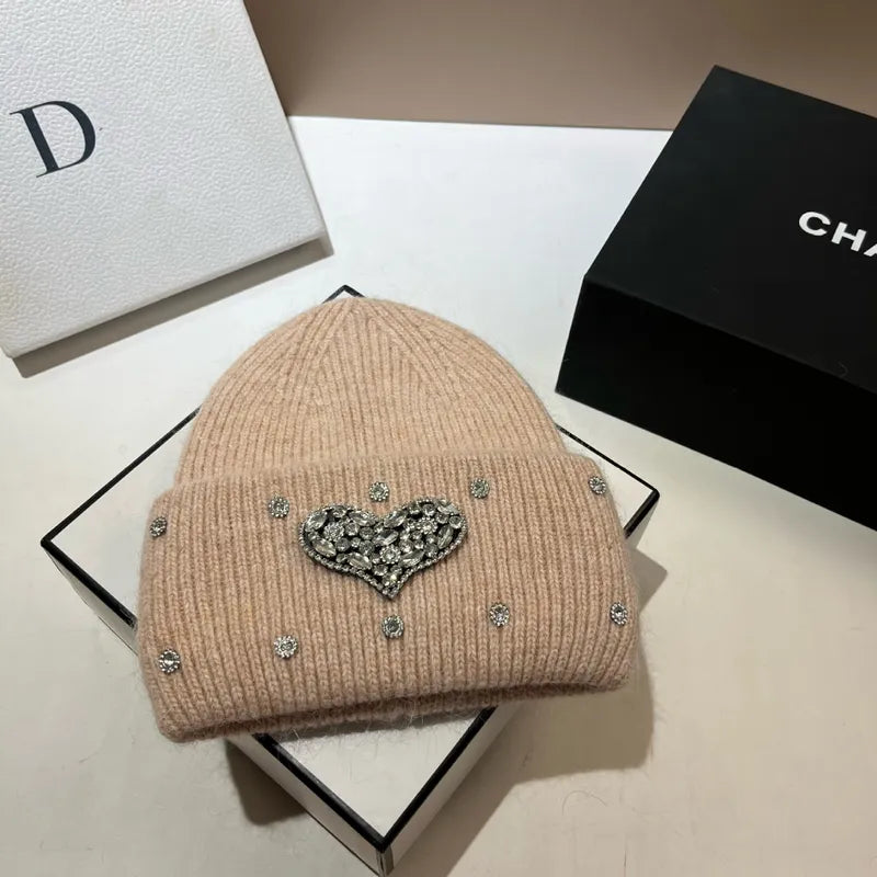 Women's Cute Preppy Style Sweet Heart Shape Rhinestone Eaveless Wool Cap