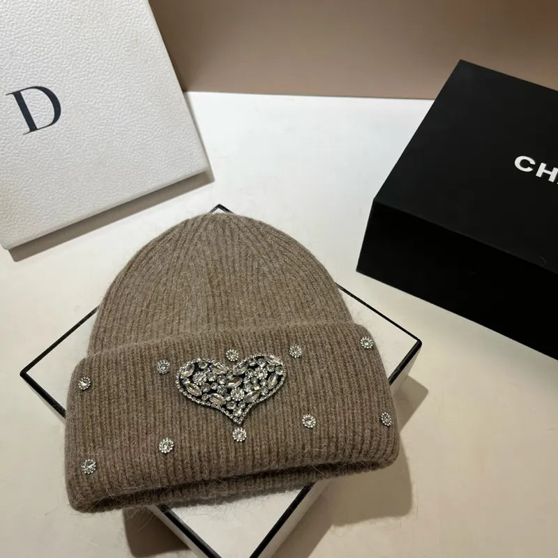 Women's Cute Preppy Style Sweet Heart Shape Rhinestone Eaveless Wool Cap