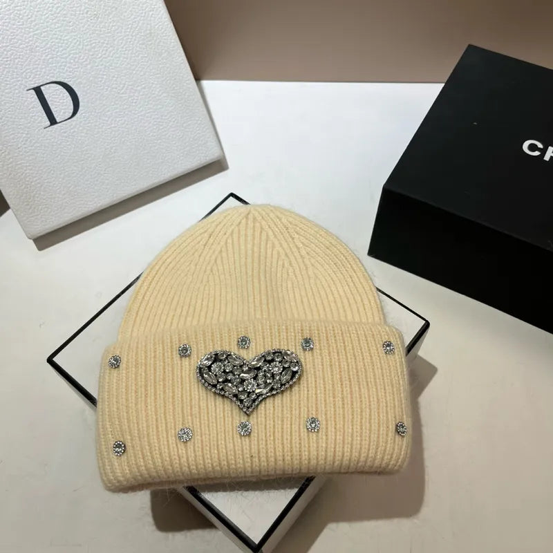Women's Cute Preppy Style Sweet Heart Shape Rhinestone Eaveless Wool Cap