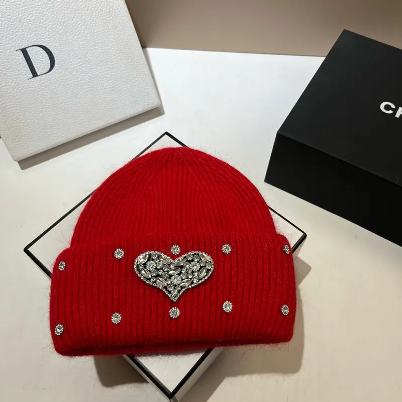 Women's Cute Preppy Style Sweet Heart Shape Rhinestone Eaveless Wool Cap