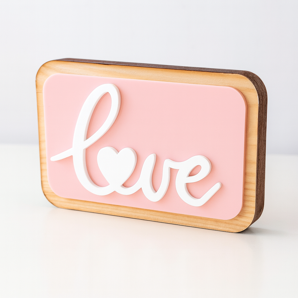 Επιτραπέζιο χειροποίητο γούρι LOVE με ξύλινη πλάτη και plexiglass baby pink/λευκό – Χονδρική So Cute by Dimi