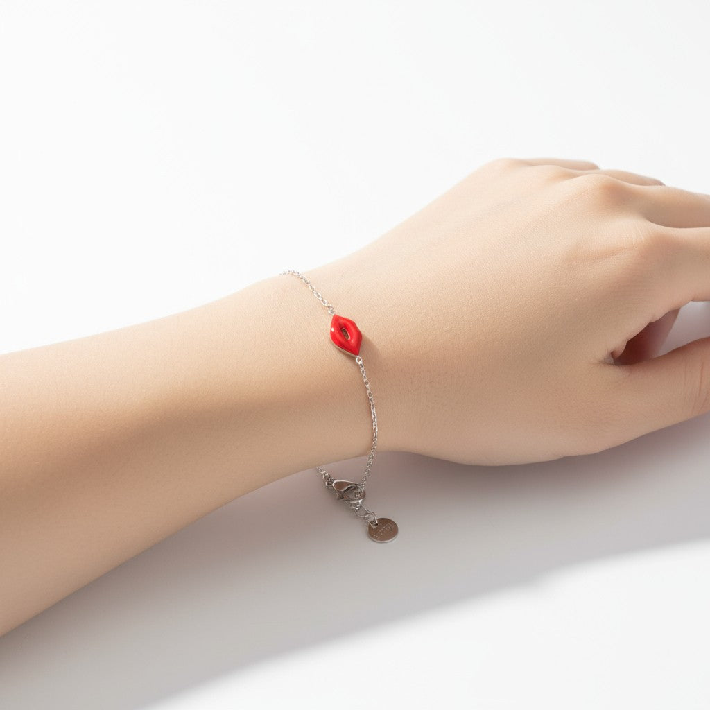 Χονδρικό ατσάλινο βραχιόλι Red Lips με σμάλτο σε χρυσό και ασημί