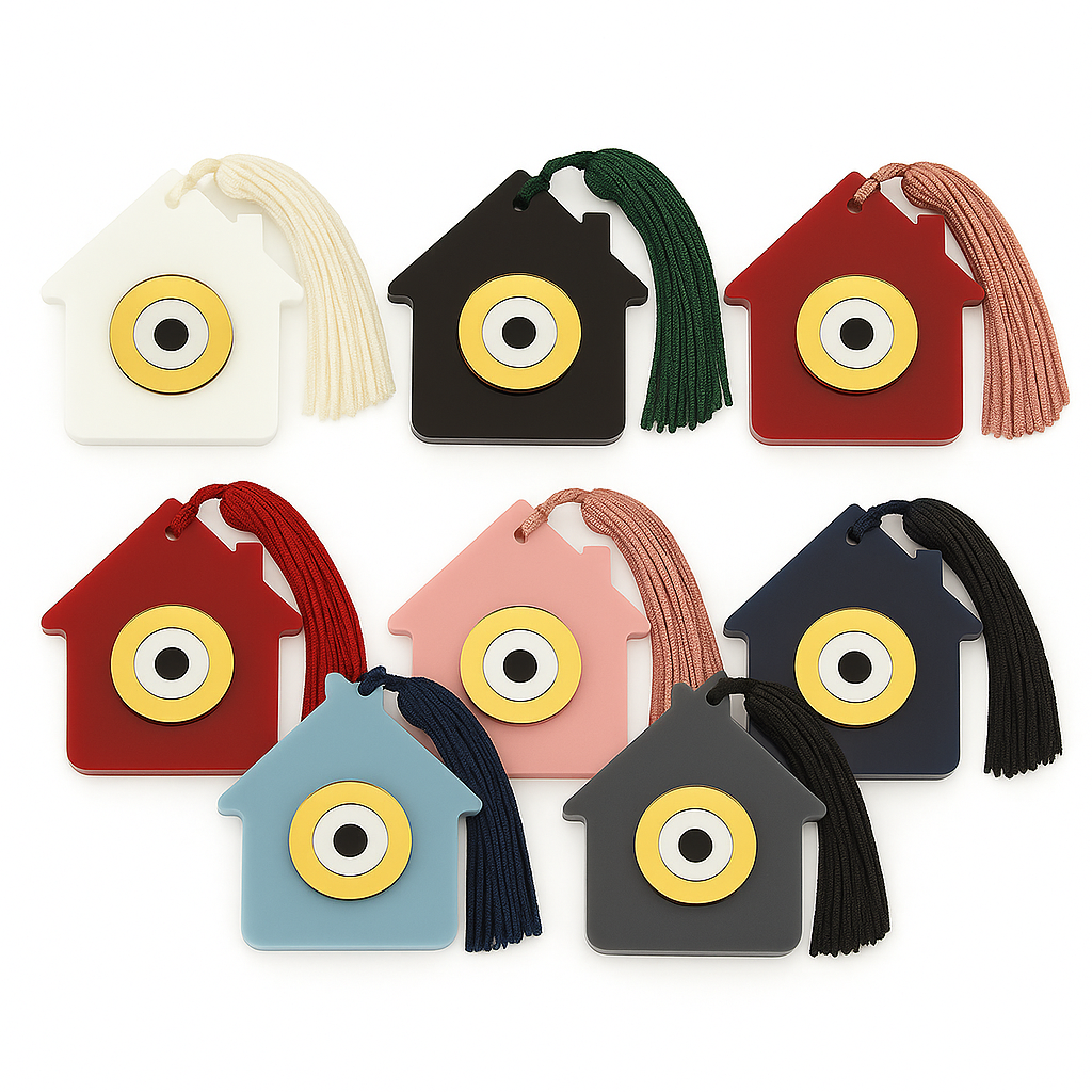 Χονδρικό γούρι plexiglass σπιτάκι με μάτι και φούντα σε πολλά χρώματα – So Cute by Dimi