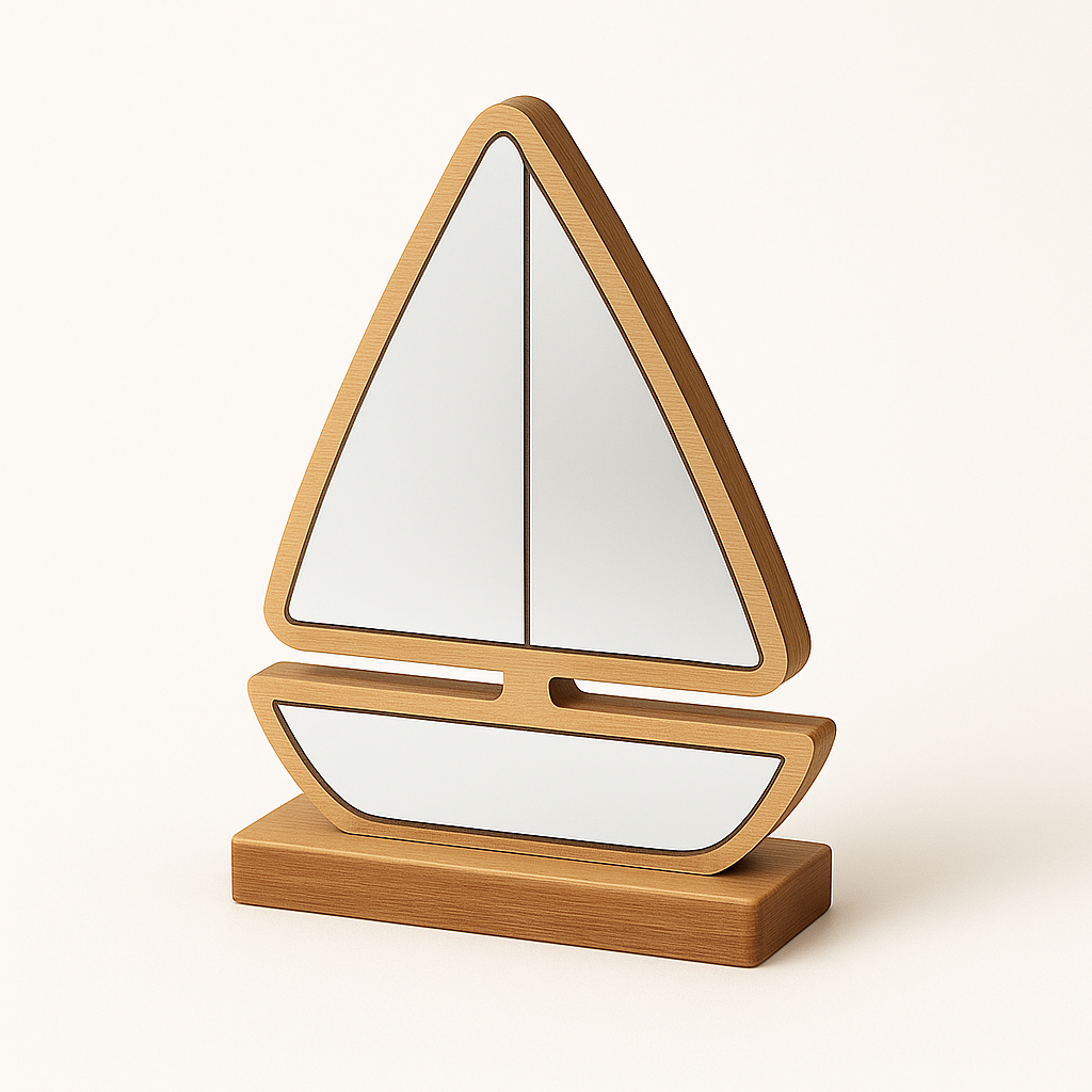 Επιτραπέζιο διακοσμητικό καραβάκι σε ξύλινη βάση με καθρέφτη σε ασημί χρώμα