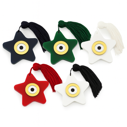 🤍✨ Γούρι Plexiglass Αστέρι με Μάτι & Φούντα – 8 εκ.
