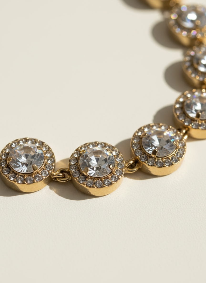 Gold necklace with clear gemstones on a beige background