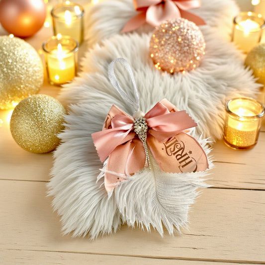 🤍✨ Κρεμαστό Γούρι «Fairytale Bow» με Στρας & Φτερό – Christmas Fairytale 🦢