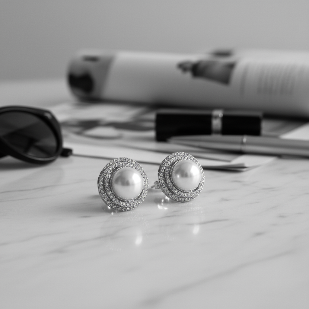 Ατσάλινα σκουλαρίκια με πέρλα και στρας σε χρυσό & ασημί, Halo Glow So Cute by Dimi – χονδρική So Cute Wholesale.