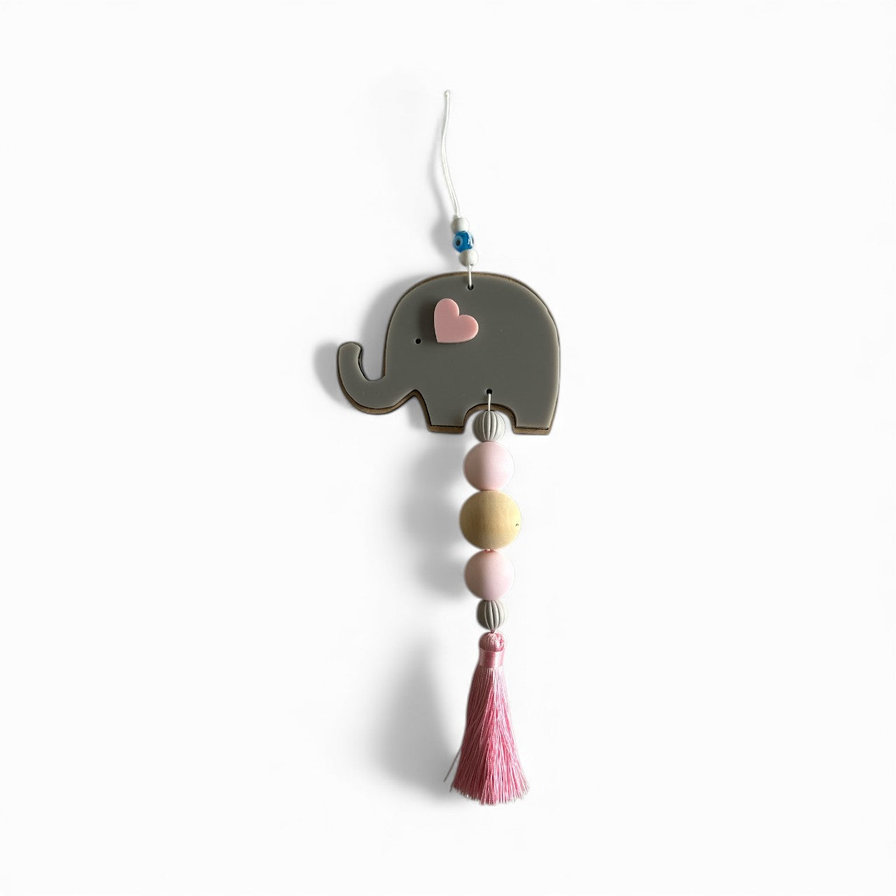 Handmade baby elephant charm for wholesale – wooden beads, pastel heart, tassel – So Cute by Dimi.