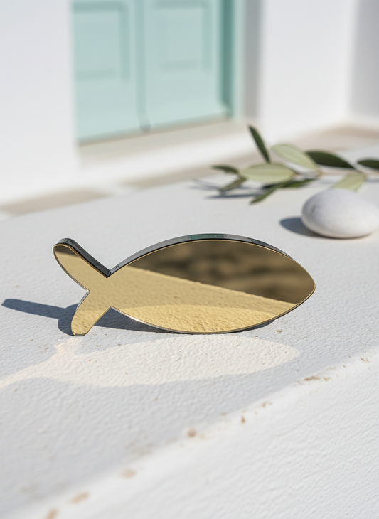 Μίνιμαλ επιτραπέζιο ψάρι plexiglass σε χρυσό καθρέφτη σε εξωτερικό Κυκλαδίτικο σκηνικό