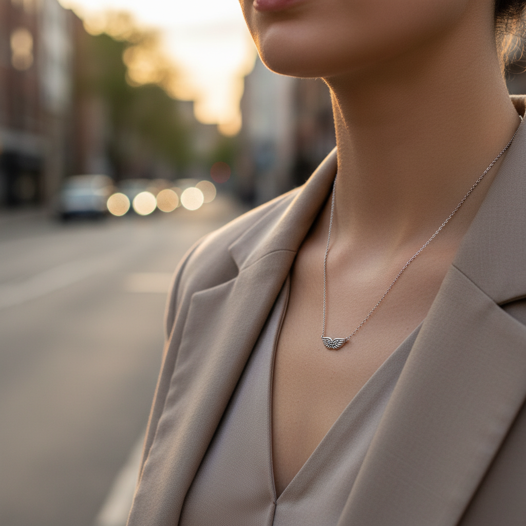 Delicate stainless steel necklace with small angel wing pendant in silver – So Cute by Dimi.