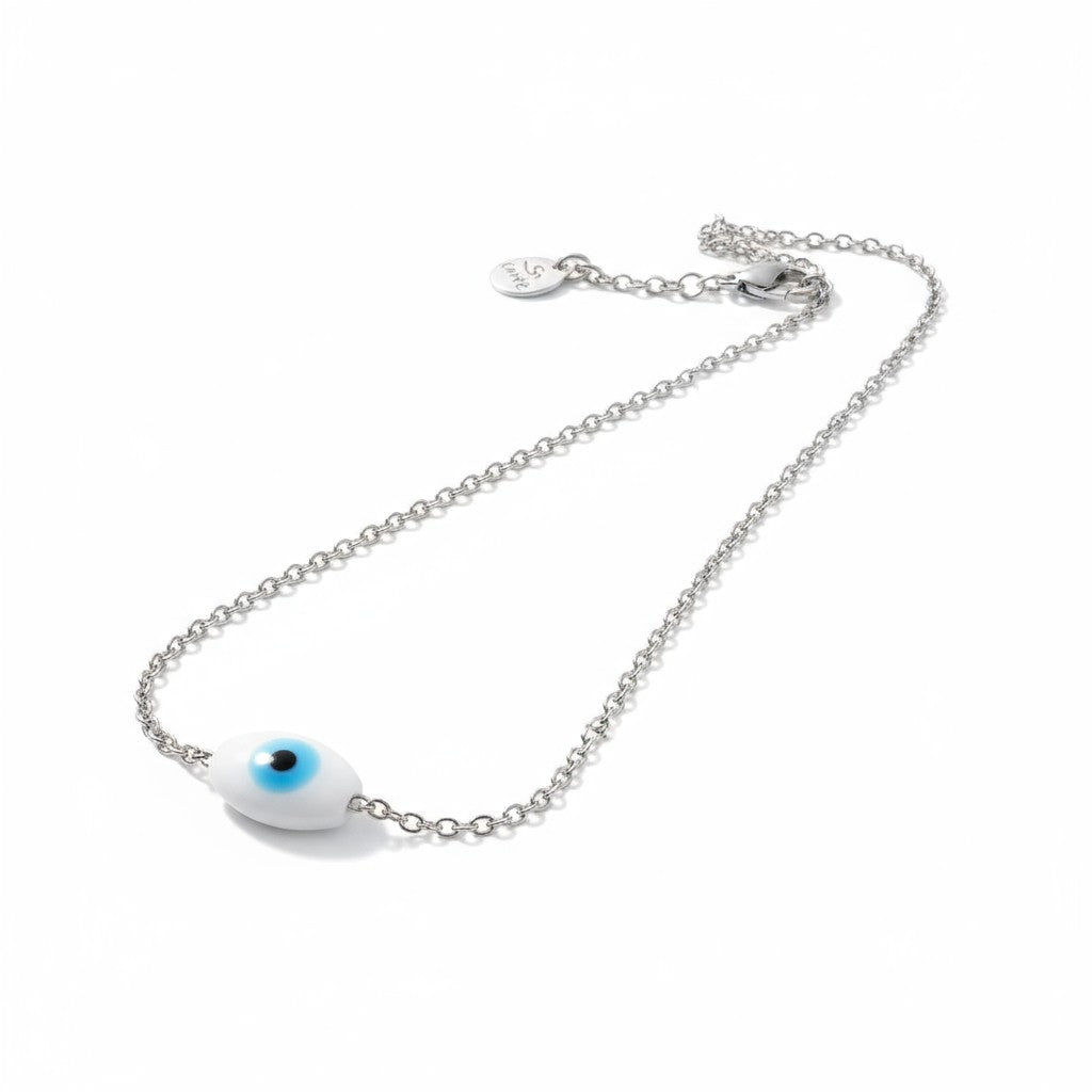 Χειροποίητο ατσάλινο κολιέ με γυάλινη χάντρα μάτι – So Cute by Dimi Wholesale