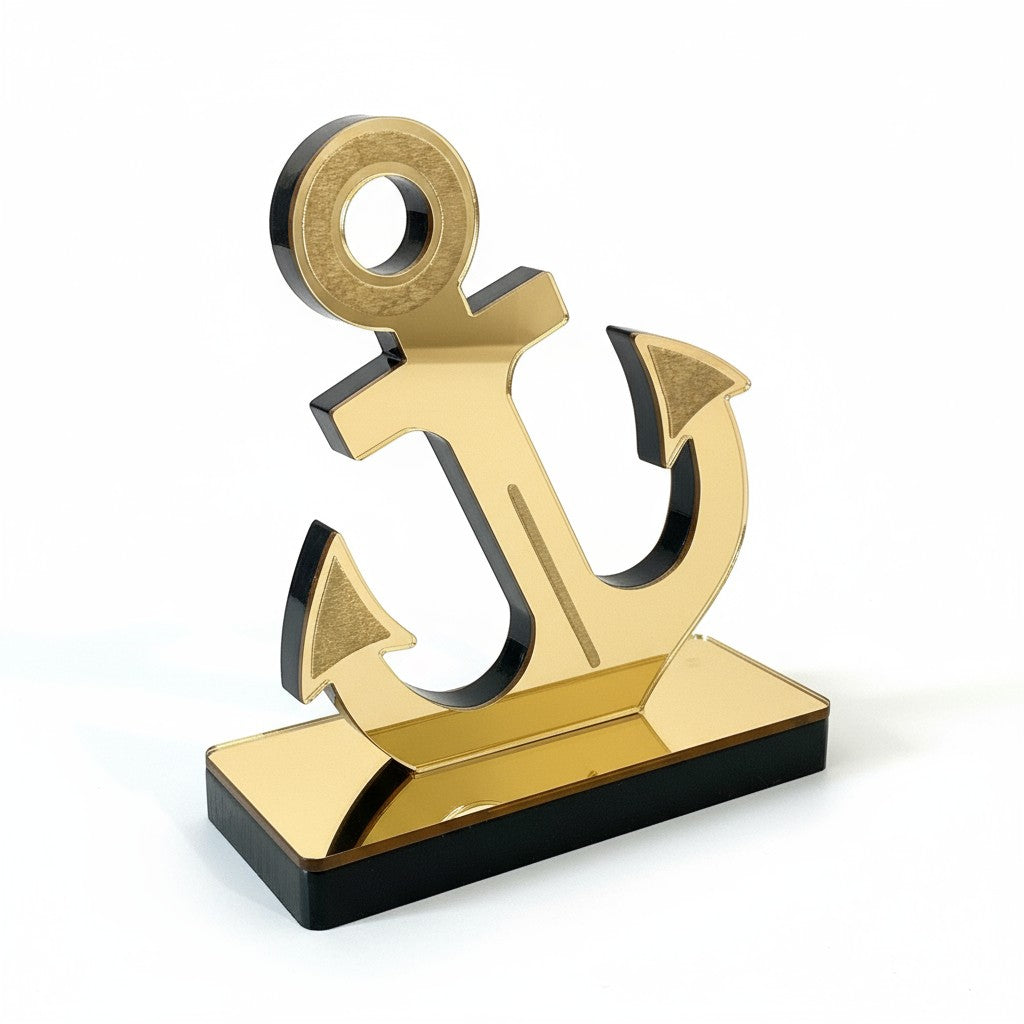 Επιτραπέζιο γούρι άγκυρα από πλεξιγκλάς καθρέφτη σε χρυσό ή ασημί, χειροποίητη δημιουργία So Cute by Dimi – ιδανικό για εταιρικά δώρα και luxury διακόσμηση.