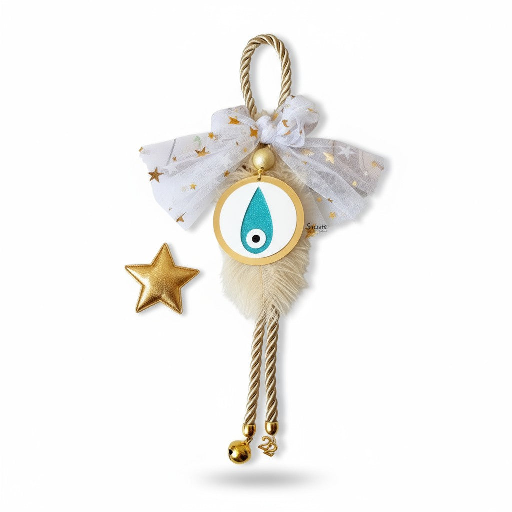 Χειροποίητο γούρι με μάτι από πλεξιγκλάς χρυσό καθρέφτη και φτερό – So Cute by Dimi Wholesale